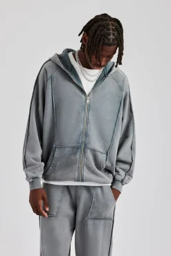 CLO-TOP-HS-HOOD Acid Exposed Seam Zip Through Hoodie - Charcoal