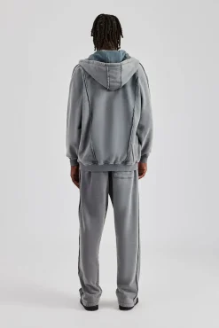 CLO-TOP-HS-HOOD Acid Exposed Seam Zip Through Hoodie - Charcoal