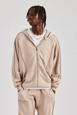 CLO-TOP-HS-HOOD Acid Exposed Seam Zip Through Hoodie - Stone