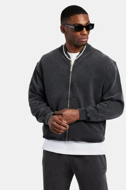 CLO-TOP-OUT Acid Wash Jersey Bomber Zip Through - Charcoal