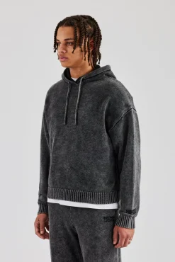 CLO-TOP-HS-HOOD-KTW Acid Wash Knitted Hoodie - Charcoal