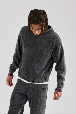 CLO-TOP-HS-HOOD-KTW Acid Wash Knitted Hoodie - Charcoal