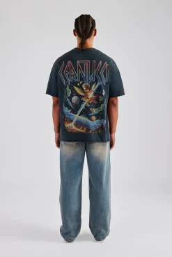 CLO-TOP-TEE Acid Wash Space Cherub Oversized T-Shirt - Charcoal