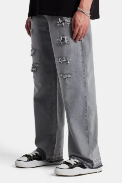 CLO-BOT-DEN Baggy Fit Distressed Jeans - Light Grey