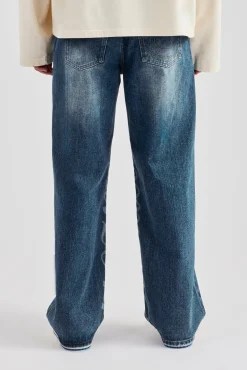 CLO-BOT-DEN Baggy Fit Laser Print Jeans - Mid Blue