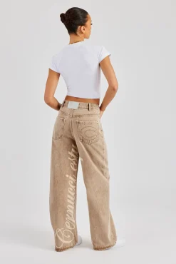 Women CLO-BOT-DEN Baggy Fit Laser Print Jeans - Beige