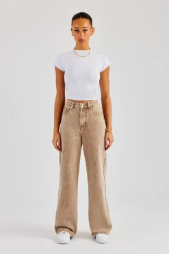 Women CLO-BOT-DEN Baggy Fit Laser Print Jeans - Beige