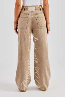 Women CLO-BOT-DEN Baggy Fit Laser Print Jeans - Beige