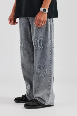 CLO-BOT-DEN Baggy Raw Edge Applique Jeans - Grey