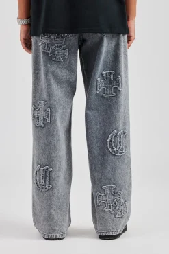 CLO-BOT-DEN Baggy Raw Edge Applique Jeans - Grey