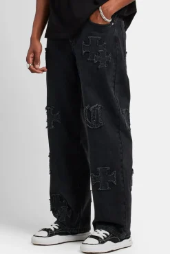 CLO-BOT-DEN Baggy Raw Edge Applique Jeans - Washed Black