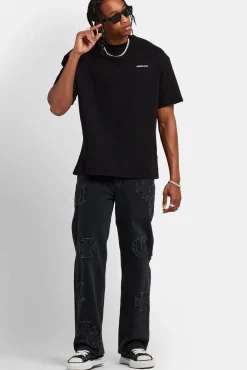 CLO-BOT-DEN Baggy Raw Edge Applique Jeans - Washed Black