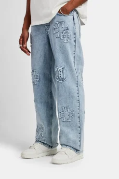 CLO-BOT-DEN Baggy Raw Edge Applique Jeans - Light Blue