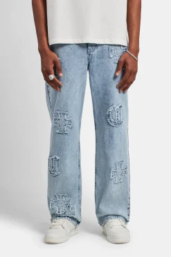CLO-BOT-DEN Baggy Raw Edge Applique Jeans - Light Blue