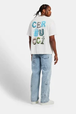 CLO-BOT-DEN Baggy Raw Edge Applique Jeans - Light Blue