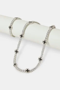 JWL-BUND Black Cross Motif Tennis Chain & Bracelet - 5mm