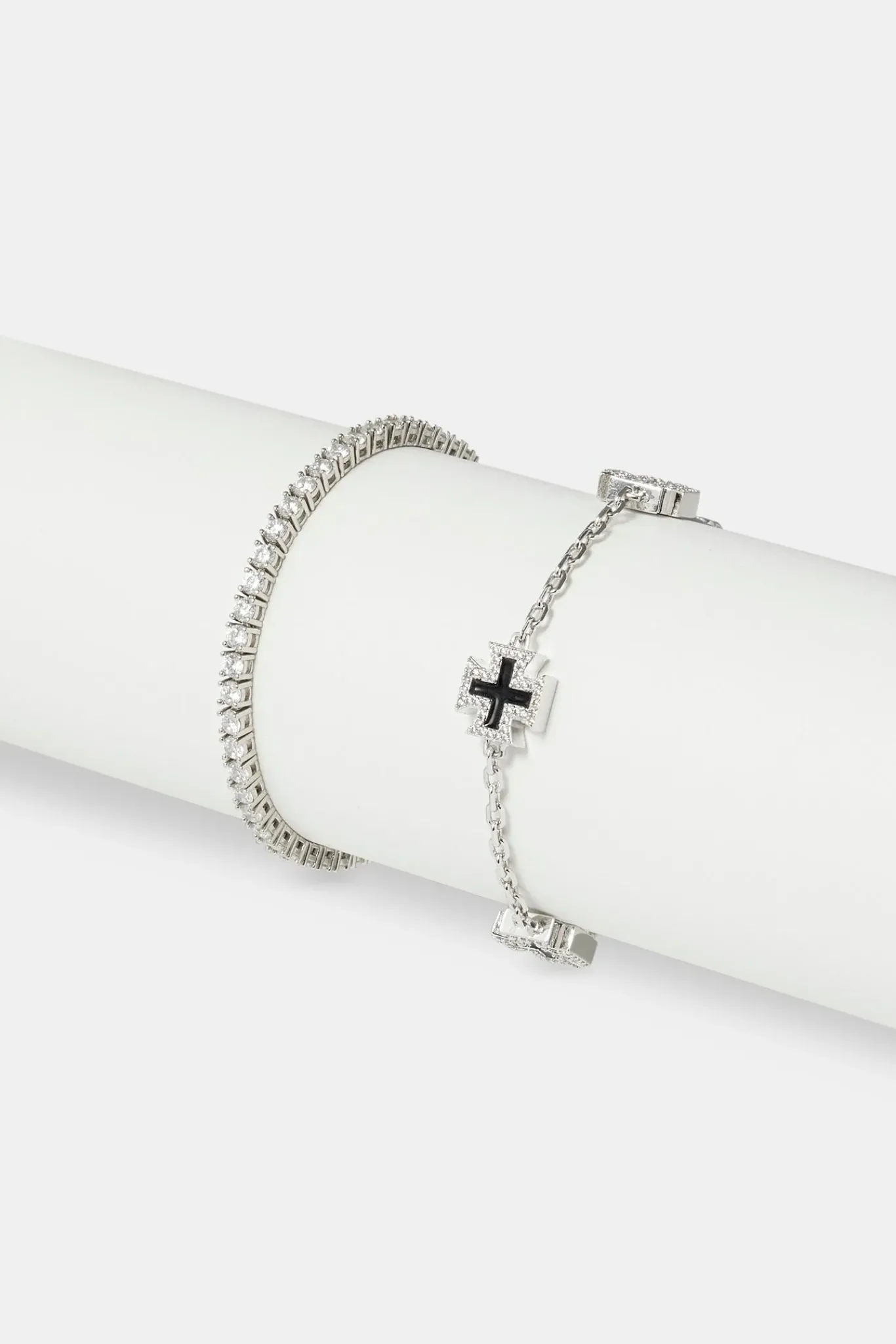 JWL-BUND Black Enamel Cross Motif Bracelet & 3mm Tennis Bracelet - White