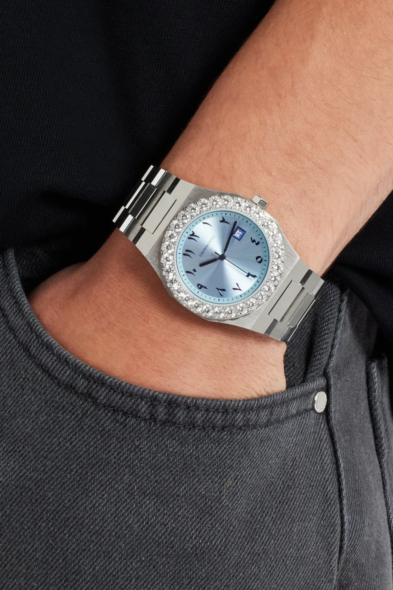 JWL-ACC-WAT Blue Arabic Dial Iced Bezel Watch