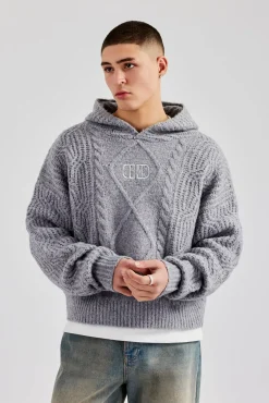 CLO-TOP-HS-HOOD-KTW Boxy Cable Knit Embroidered Hoodie - Grey