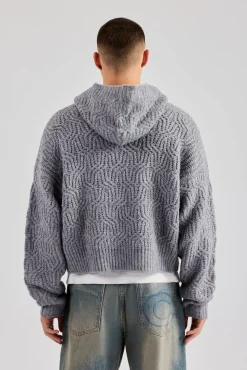 CLO-TOP-HS-HOOD-KTW Boxy Cable Knit Embroidered Hoodie - Grey