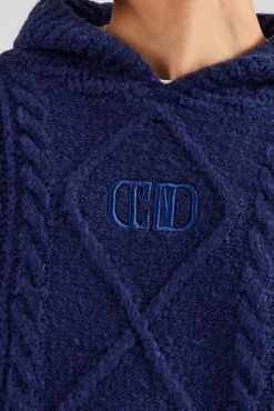 CLO-TOP-HS-HOOD-KTW Boxy Cable Knit Embroidered Hoodie - Navy