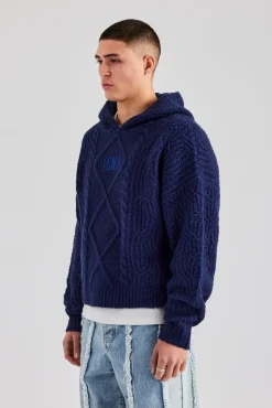 CLO-TOP-HS-HOOD-KTW Boxy Cable Knit Embroidered Hoodie - Navy