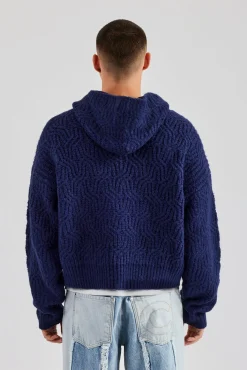 CLO-TOP-HS-HOOD-KTW Boxy Cable Knit Embroidered Hoodie - Navy