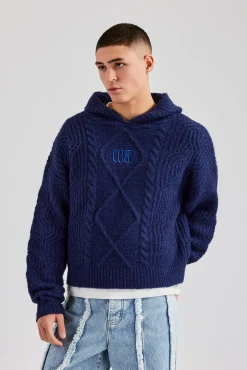 CLO-TOP-HS-HOOD-KTW Boxy Cable Knit Embroidered Hoodie - Navy