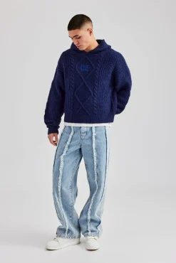 CLO-TOP-HS-HOOD-KTW Boxy Cable Knit Embroidered Hoodie - Navy