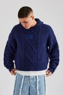 CLO-TOP-HS-HOOD-KTW Boxy Cable Knit Embroidered Hoodie - Navy