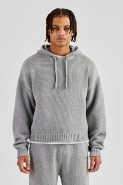 CLO-TOP-HS-HOOD-KTW Boxy Knitted Embroidered Hoodie - Grey