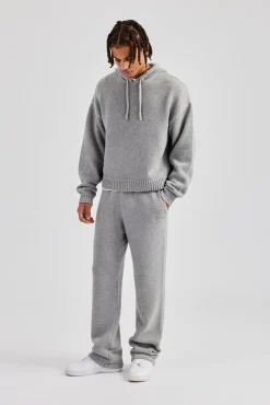 CLO-SET-KTW Boxy Knitted Embroidered Hoodie & Straight Leg Jogger - Grey