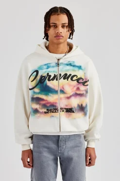 CLO-TOP-HS-HOOD Boxy Zip Through Printed Hoodie - Off White
