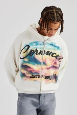 CLO-TOP-HS-HOOD Boxy Zip Through Printed Hoodie - Off White