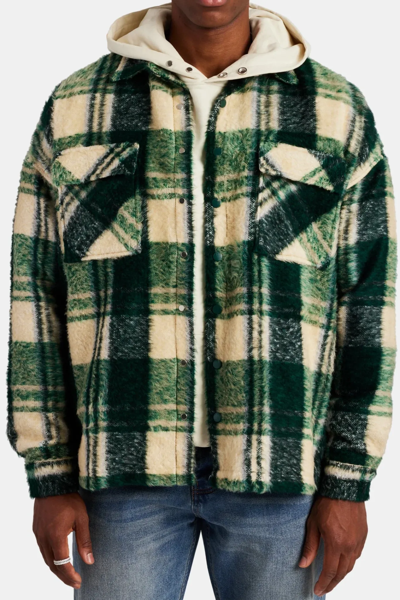CLO-TOP-SHIR Brushed Check Lined Overshirt - Green