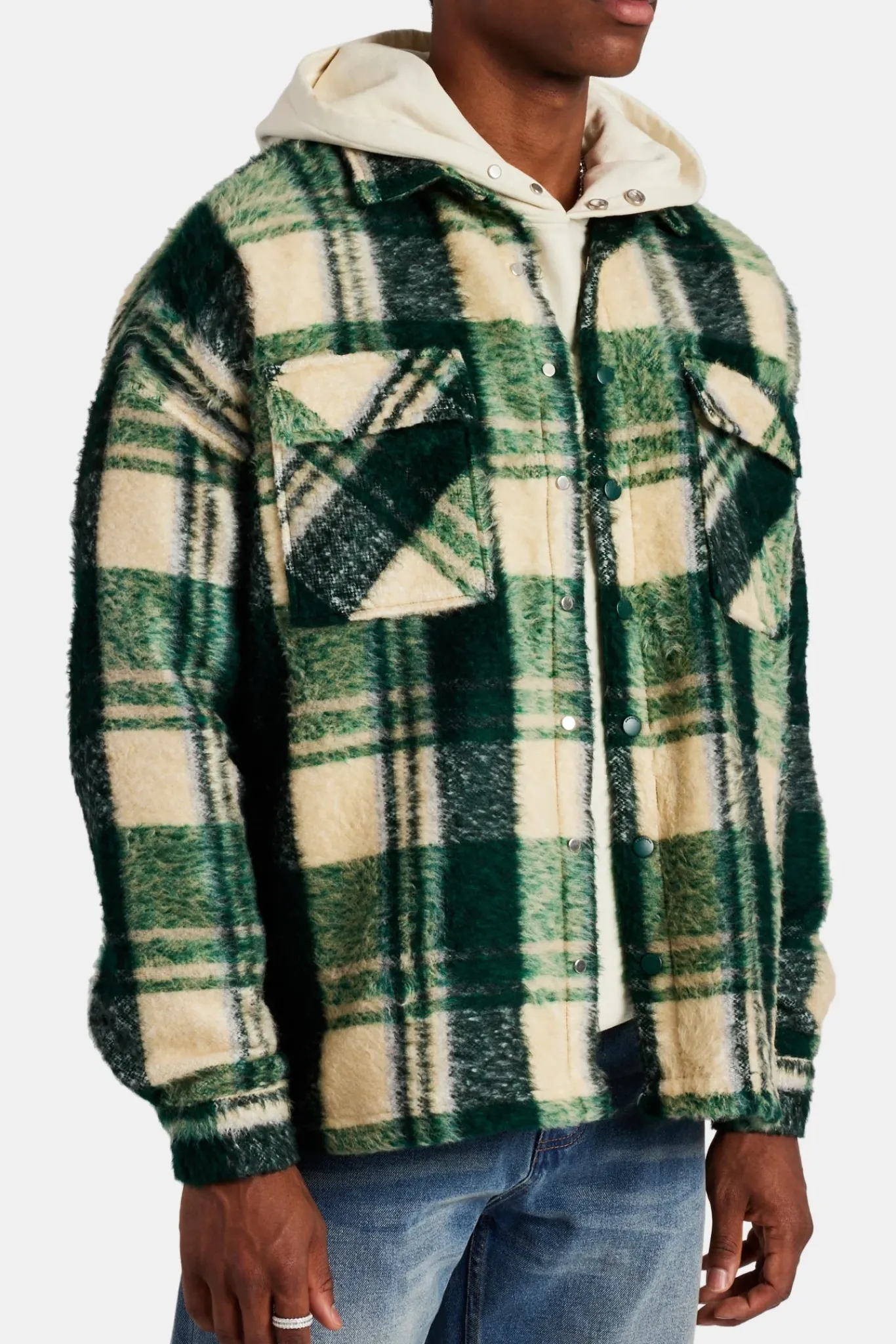 CLO-TOP-SHIR Brushed Check Lined Overshirt - Green