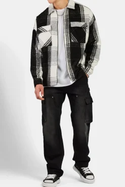 CLO-TOP-SHIR Brushed Lines Check Zip Overshirt - Black