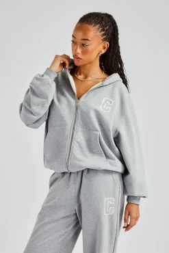 Women CLO-TOP-HS-HOOD C Embroidered Zip Through Hoodie - Grey Marl