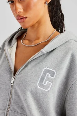 Women CLO-TOP-HS-HOOD C Embroidered Zip Through Hoodie - Grey Marl
