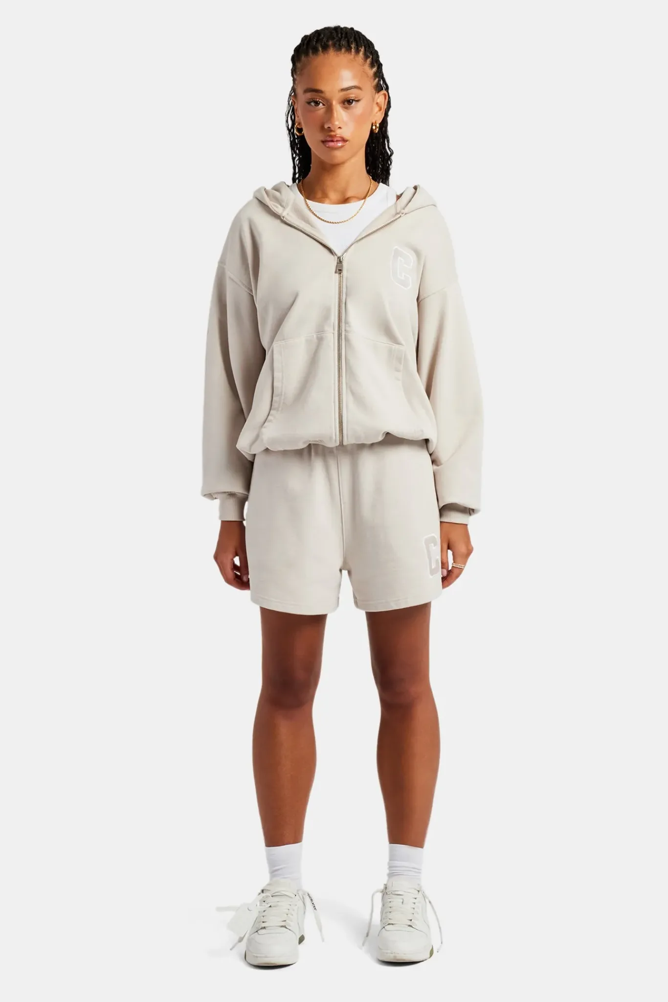 Women CLO-SET C Embroidered Zip Through Hoodie & Short Set - Stone
