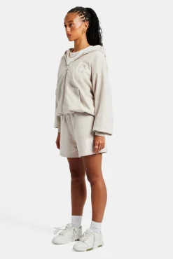 Women CLO-SET C Embroidered Zip Through Hoodie & Short Set - Stone