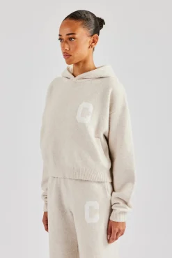 Women CLO-TOP-HS-HOOD-KTW C Knitted Hoodie - Oatmeal