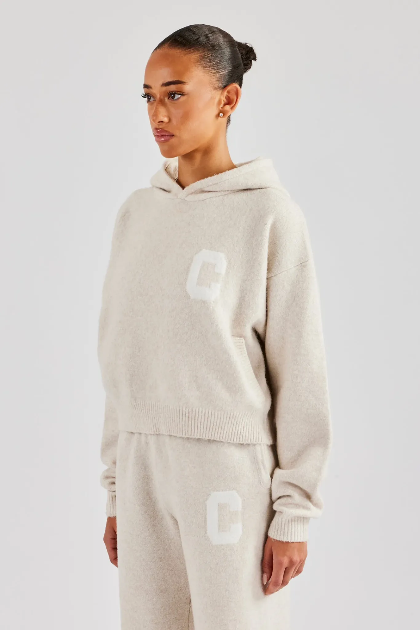 Women CLO-TOP-HS-HOOD-KTW C Knitted Hoodie - Oatmeal