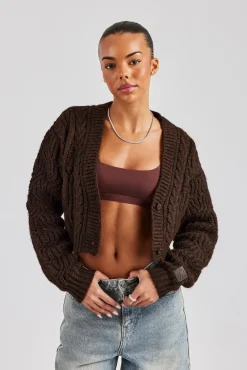 Women CLO-TOP-HS-HOOD-KTW Cable Knit Embroidered Cardigan - Chocolate