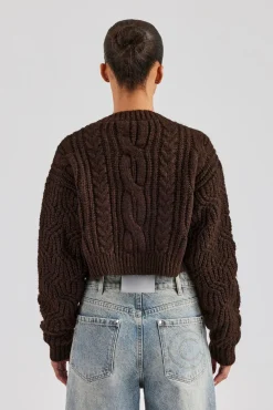 Women CLO-TOP-HS-HOOD-KTW Cable Knit Embroidered Cardigan - Chocolate