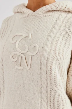 Women CLO-TOP-HS-HOOD-KTW CCC Spliced Cable Knit Hoodie - Off White