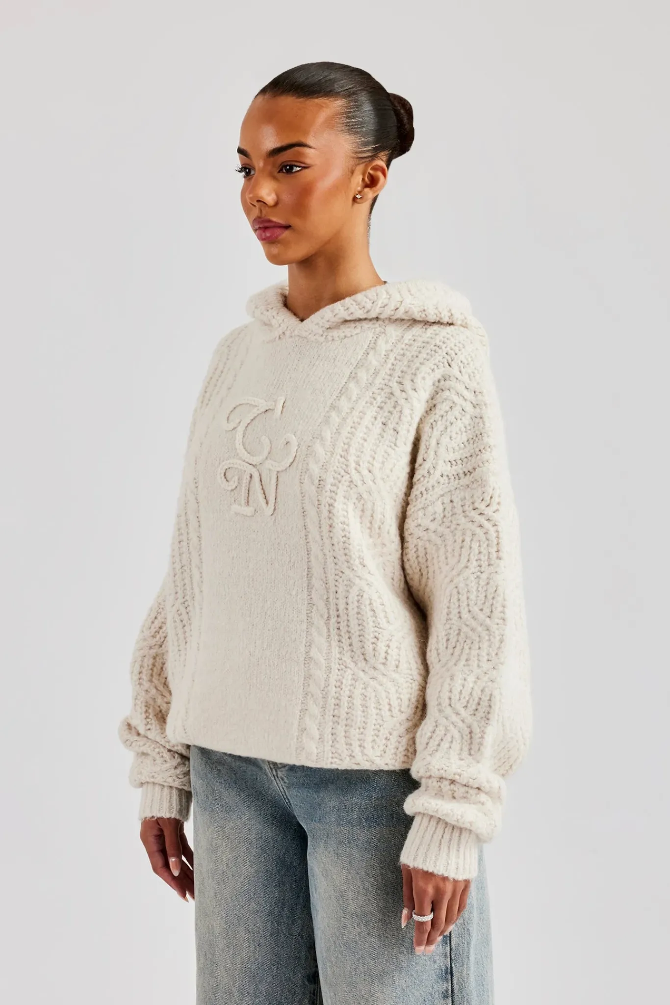 Women CLO-TOP-HS-HOOD-KTW CCC Spliced Cable Knit Hoodie - Off White