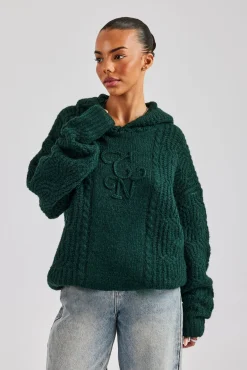 Women CLO-TOP-HS-HOOD-KTW CCC Spliced Cable Knit Hoodie - Forest Green