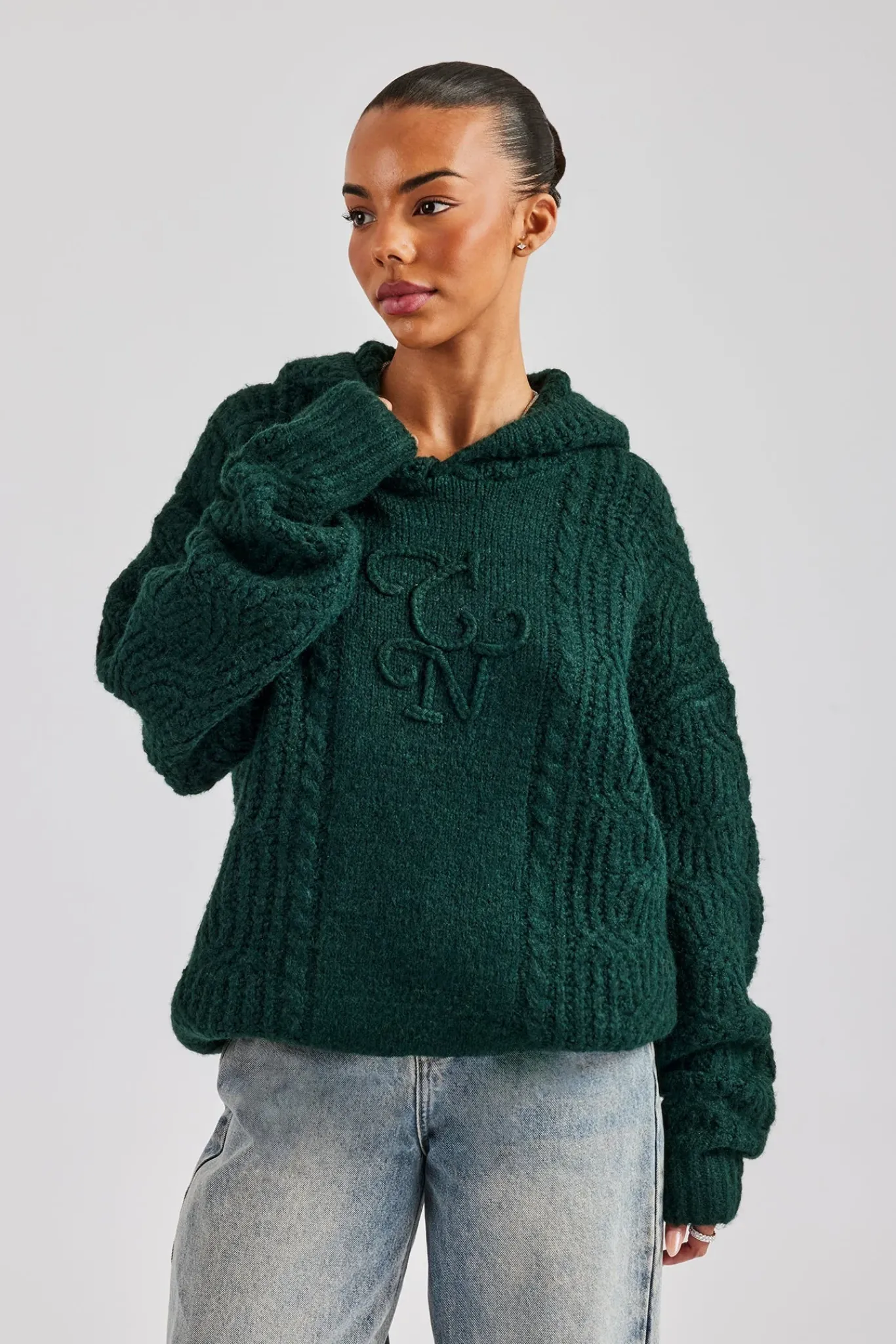 Women CLO-TOP-HS-HOOD-KTW CCC Spliced Cable Knit Hoodie - Forest Green