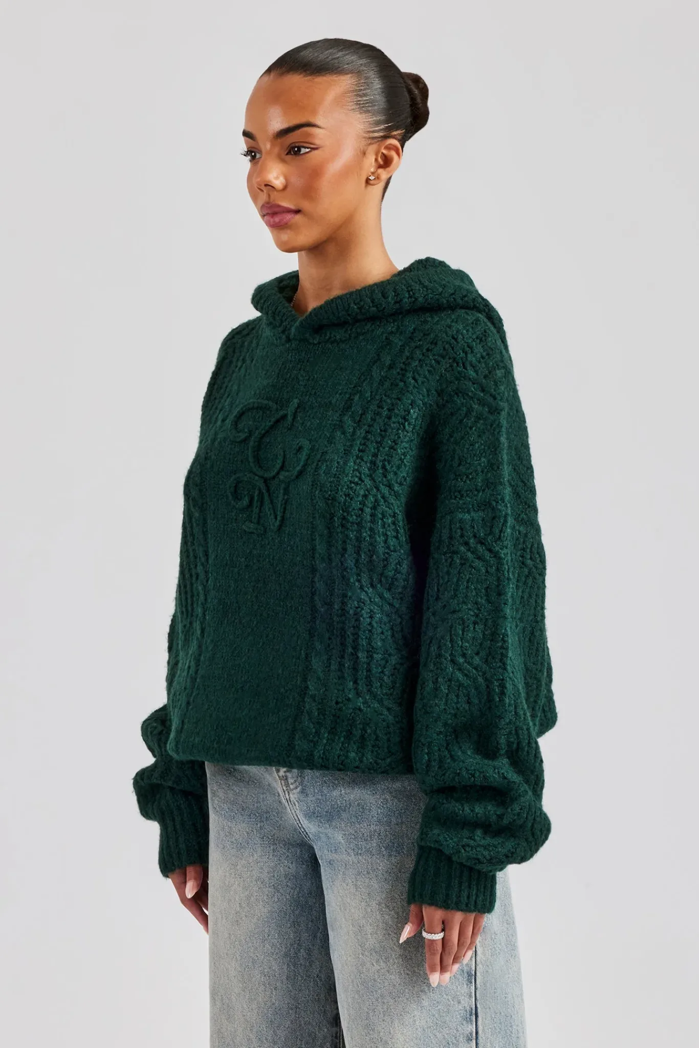 Women CLO-TOP-HS-HOOD-KTW CCC Spliced Cable Knit Hoodie - Forest Green
